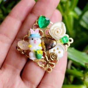 Vintage Easter Bunny Bejeweled Button Brooch Pin